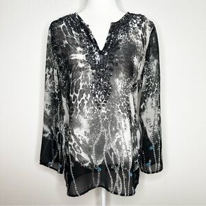 BLACK Saks Fifth Avenue Womens Sheer Sequins Animal Print Tunic Top Size S EUC